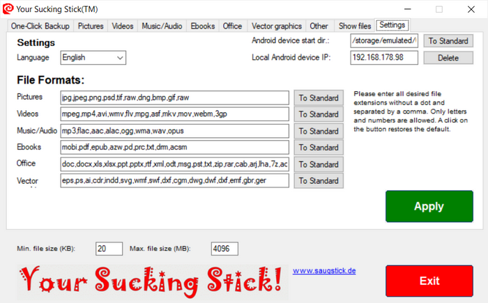 On the "Settings" tab, you define the language, file formats, IP address and start directory of connected Android devices