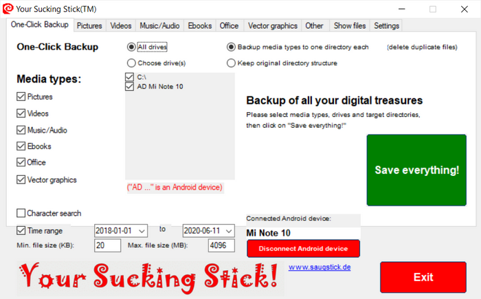 One click on "Save everything" lets the Sucking Stick app search and save all media types from the PC and the Android smartphone