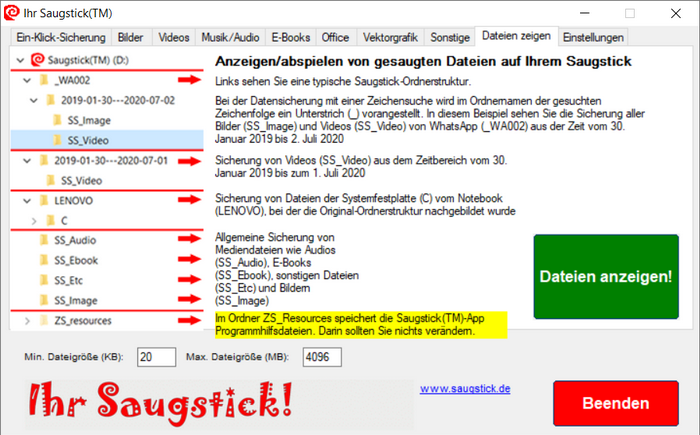 Im Register "Dateien zeigen" greifen Sie auf die Saugstick-Sicherungen zu